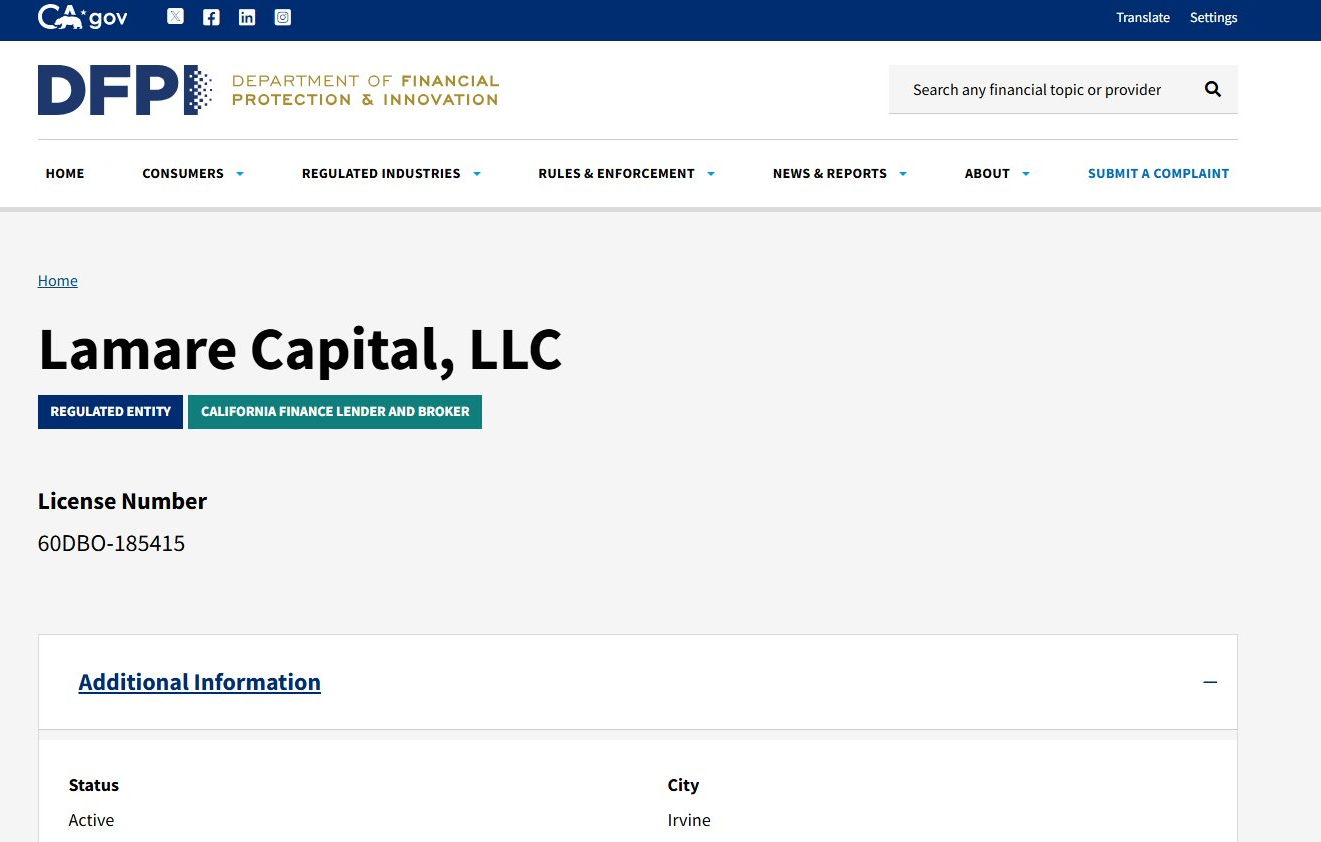California DFPI public license record for Lamare Capital, LLC — License #60DBO-185415, Status: Active